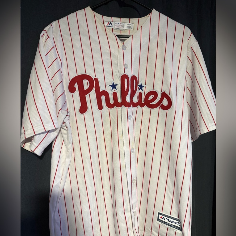 Philadelphia Phillies Majestic Red and White Striped Large Jersey
